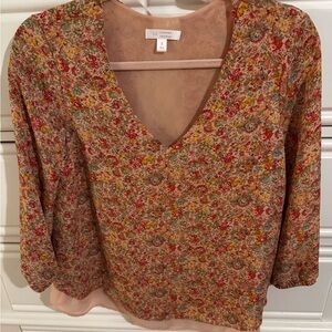 LC Lauren Conrad Small-Scale Floral V-Neck Blouse in Pink, Yellow, Cream